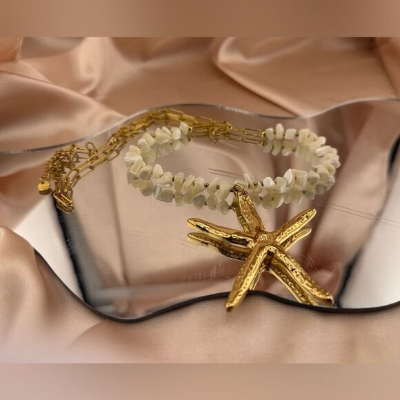 Gold Starfish & Natural Shell Necklace – Coastal Chic Statement Piece - Picture 9 of 12